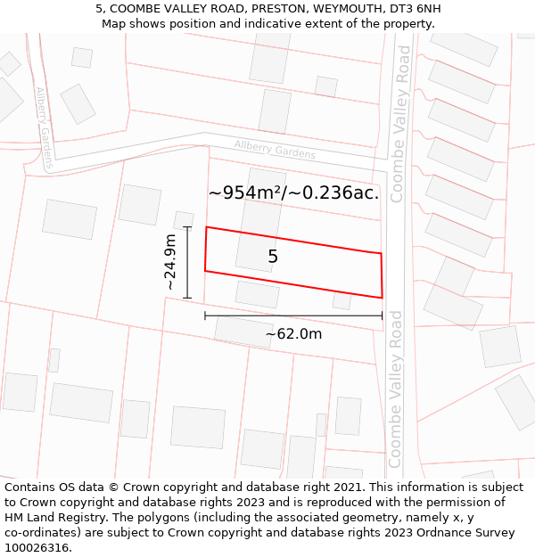 5, COOMBE VALLEY ROAD, PRESTON, WEYMOUTH, DT3 6NH: Plot and title map