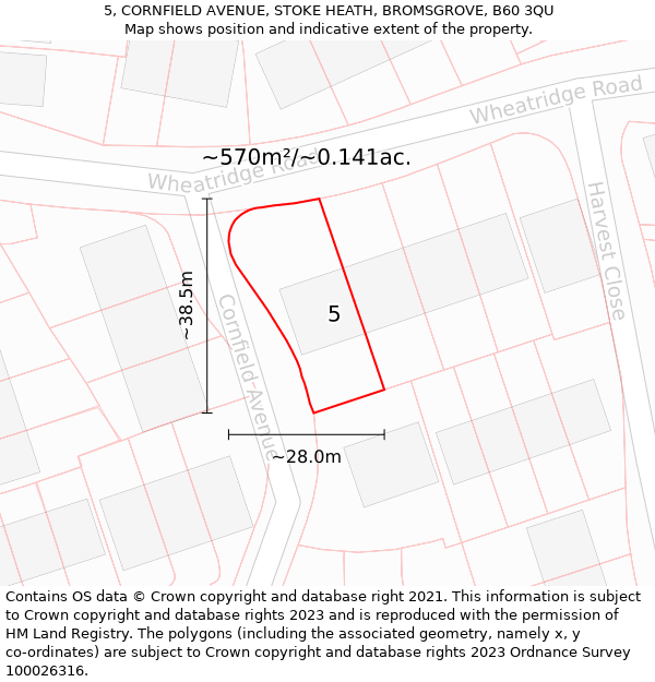 5, CORNFIELD AVENUE, STOKE HEATH, BROMSGROVE, B60 3QU: Plot and title map