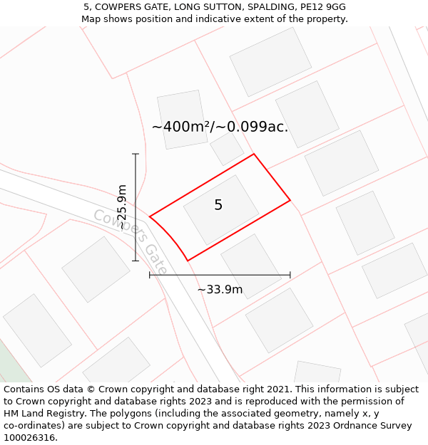 5, COWPERS GATE, LONG SUTTON, SPALDING, PE12 9GG: Plot and title map