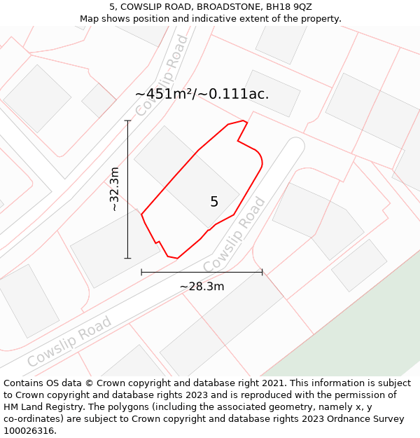 5, COWSLIP ROAD, BROADSTONE, BH18 9QZ: Plot and title map