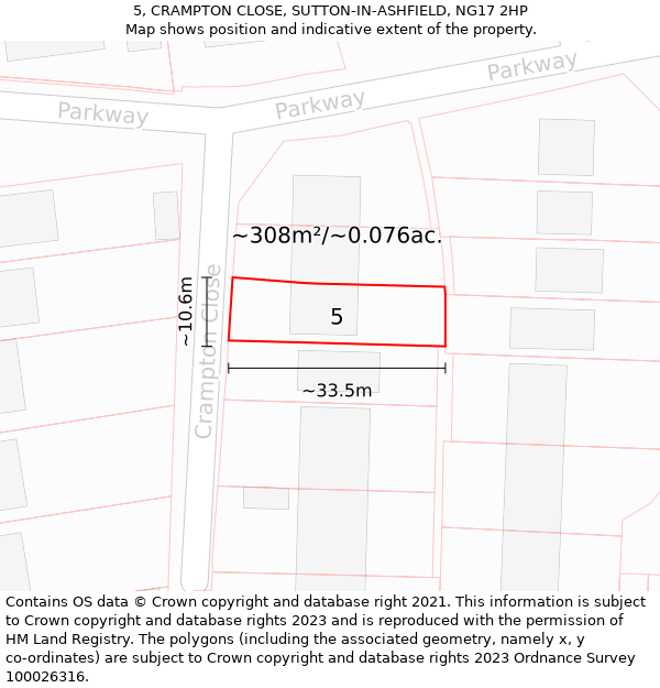 5, CRAMPTON CLOSE, SUTTON-IN-ASHFIELD, NG17 2HP: Plot and title map