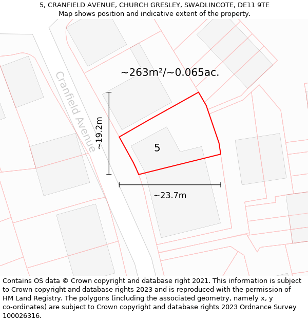 5, CRANFIELD AVENUE, CHURCH GRESLEY, SWADLINCOTE, DE11 9TE: Plot and title map