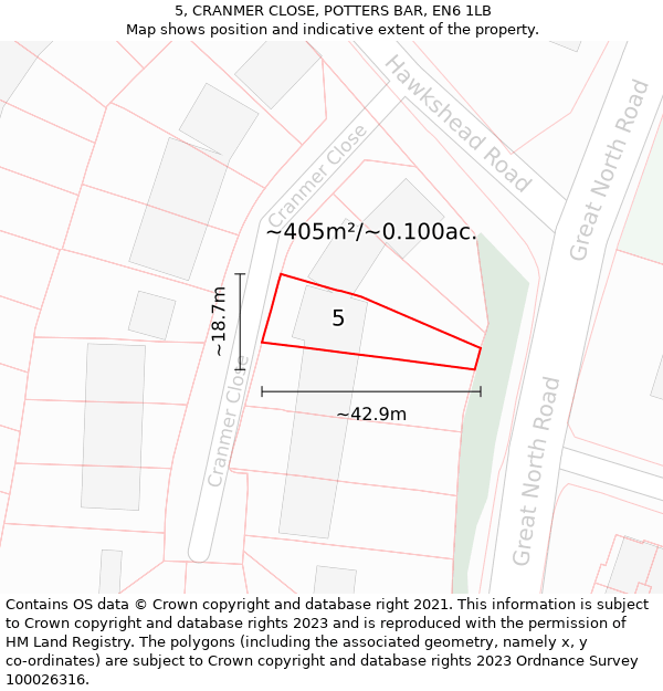 5, CRANMER CLOSE, POTTERS BAR, EN6 1LB: Plot and title map