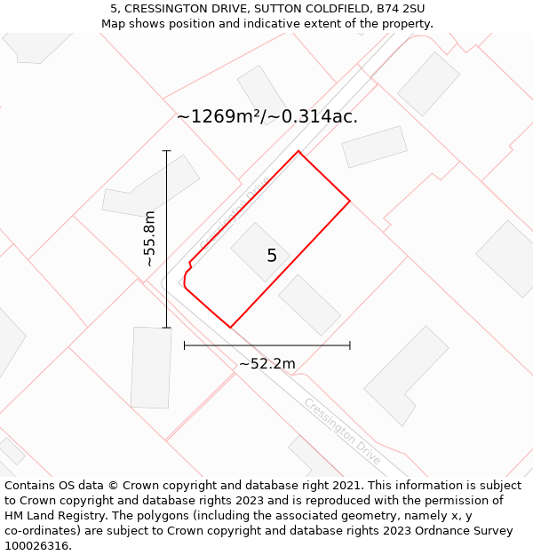 5, CRESSINGTON DRIVE, SUTTON COLDFIELD, B74 2SU: Plot and title map