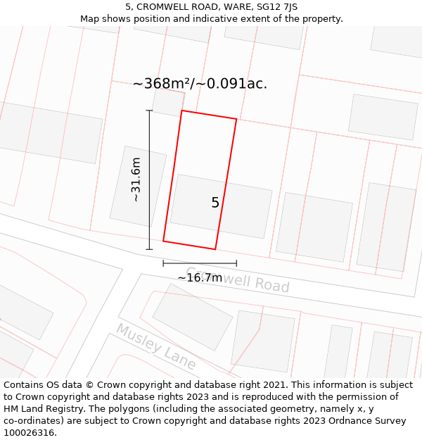 5, CROMWELL ROAD, WARE, SG12 7JS: Plot and title map