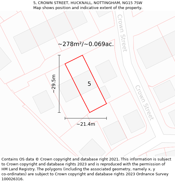 5, CROWN STREET, HUCKNALL, NOTTINGHAM, NG15 7SW: Plot and title map