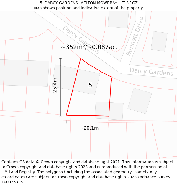 5, DARCY GARDENS, MELTON MOWBRAY, LE13 1GZ: Plot and title map