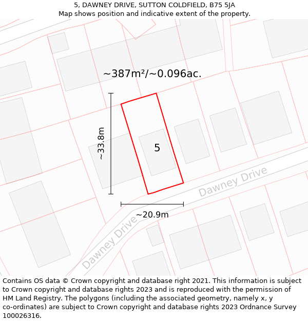 5, DAWNEY DRIVE, SUTTON COLDFIELD, B75 5JA: Plot and title map