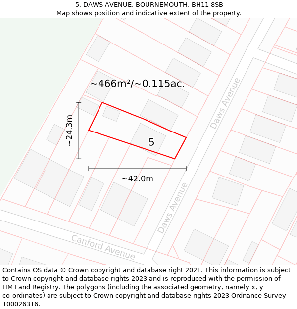 5, DAWS AVENUE, BOURNEMOUTH, BH11 8SB: Plot and title map