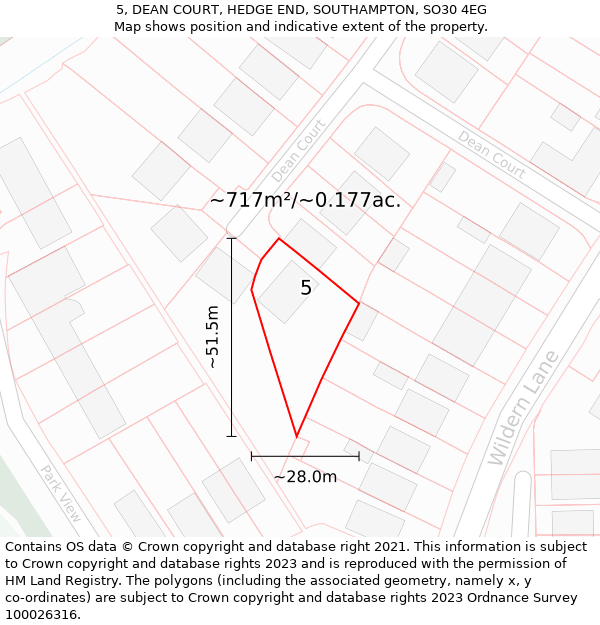 5, DEAN COURT, HEDGE END, SOUTHAMPTON, SO30 4EG: Plot and title map