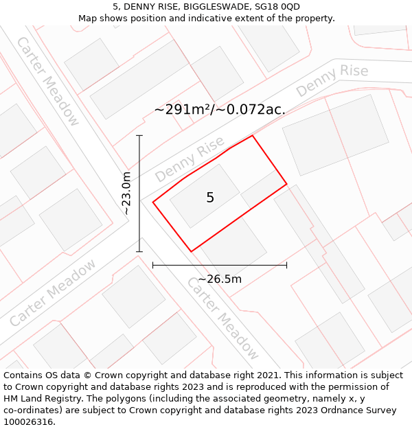 5, DENNY RISE, BIGGLESWADE, SG18 0QD: Plot and title map