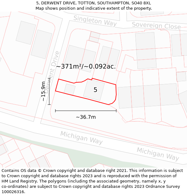 5, DERWENT DRIVE, TOTTON, SOUTHAMPTON, SO40 8XL: Plot and title map