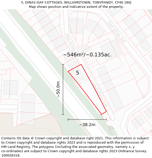 5, DINAS ISAF COTTAGES, WILLIAMSTOWN, TONYPANDY, CF40 1NQ: Plot and title map