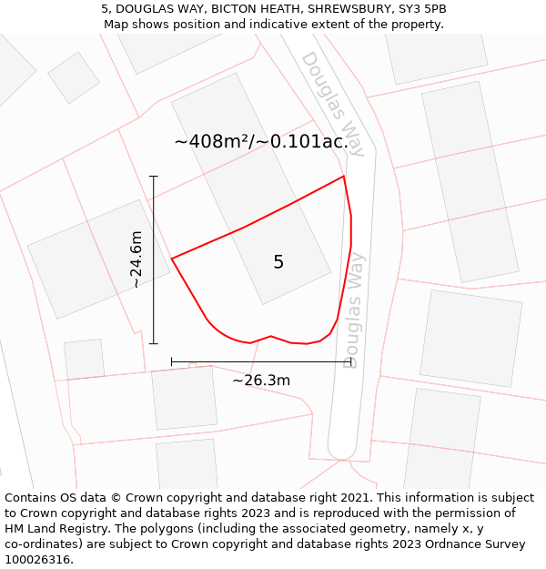 5, DOUGLAS WAY, BICTON HEATH, SHREWSBURY, SY3 5PB: Plot and title map