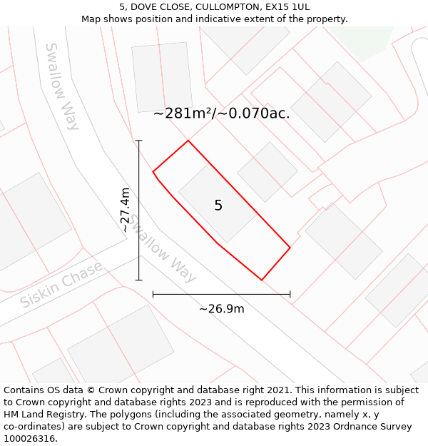 5, DOVE CLOSE, CULLOMPTON, EX15 1UL: Plot and title map