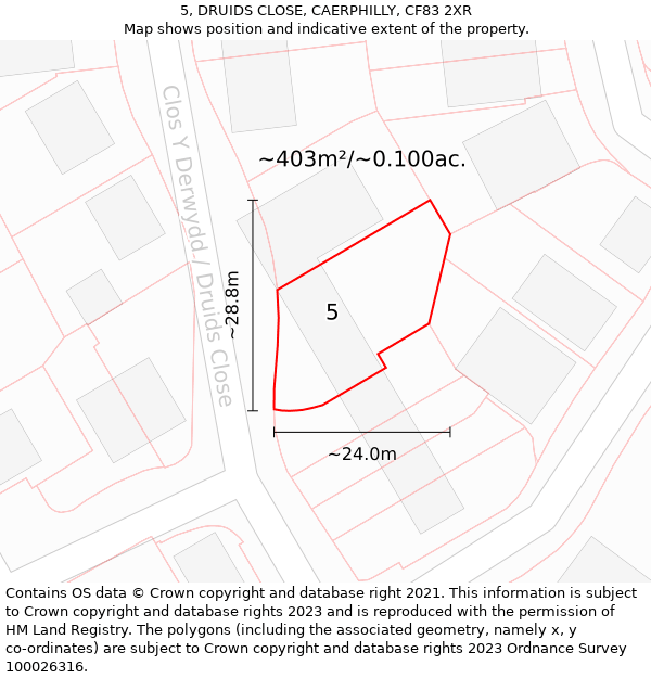 5, DRUIDS CLOSE, CAERPHILLY, CF83 2XR: Plot and title map