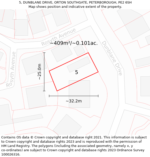 5, DUNBLANE DRIVE, ORTON SOUTHGATE, PETERBOROUGH, PE2 6SH: Plot and title map