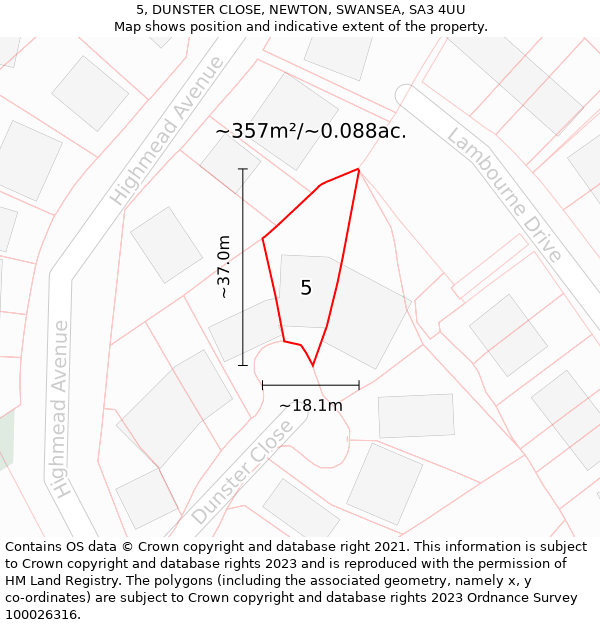 5, DUNSTER CLOSE, NEWTON, SWANSEA, SA3 4UU: Plot and title map