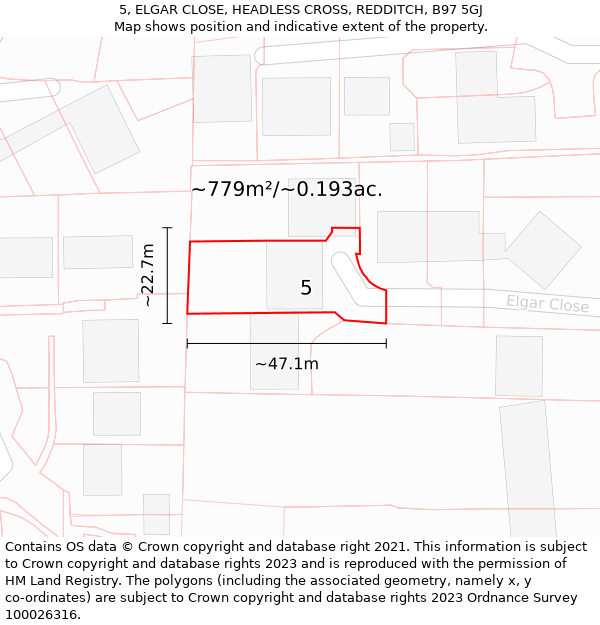 5, ELGAR CLOSE, HEADLESS CROSS, REDDITCH, B97 5GJ: Plot and title map