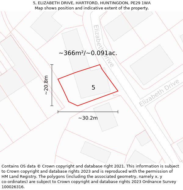 5, ELIZABETH DRIVE, HARTFORD, HUNTINGDON, PE29 1WA: Plot and title map