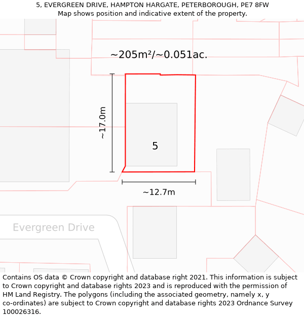 5, EVERGREEN DRIVE, HAMPTON HARGATE, PETERBOROUGH, PE7 8FW: Plot and title map