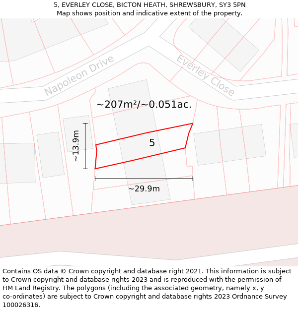 5, EVERLEY CLOSE, BICTON HEATH, SHREWSBURY, SY3 5PN: Plot and title map