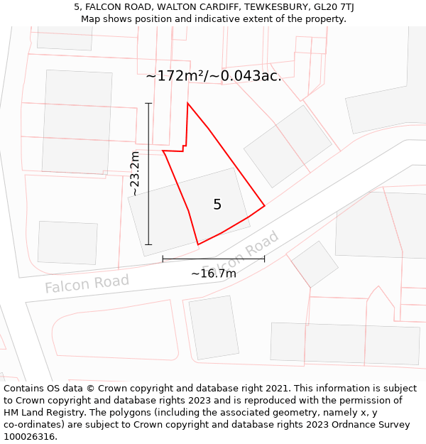 5, FALCON ROAD, WALTON CARDIFF, TEWKESBURY, GL20 7TJ: Plot and title map