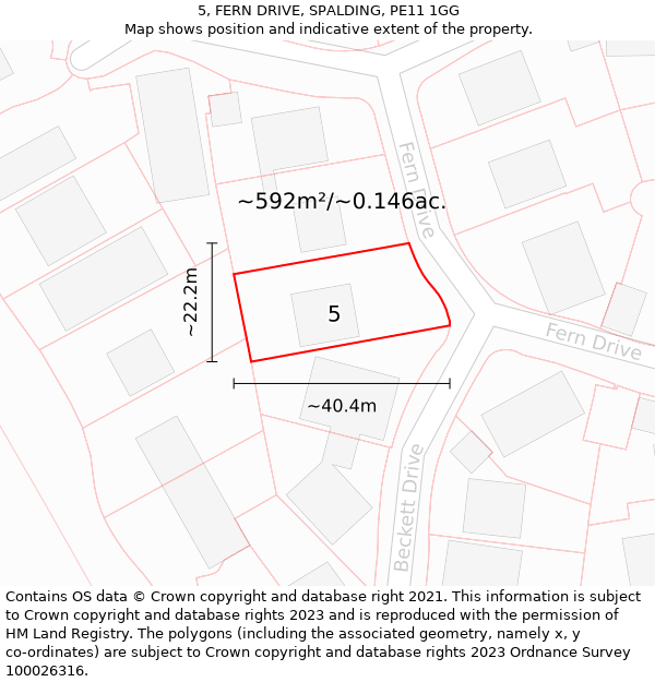 5, FERN DRIVE, SPALDING, PE11 1GG: Plot and title map