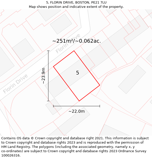 5, FLORIN DRIVE, BOSTON, PE21 7LU: Plot and title map