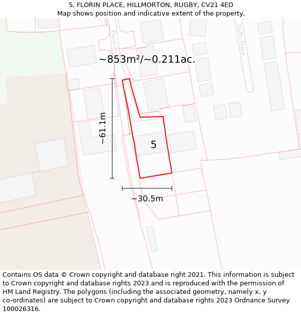 5, FLORIN PLACE, HILLMORTON, RUGBY, CV21 4ED: Plot and title map