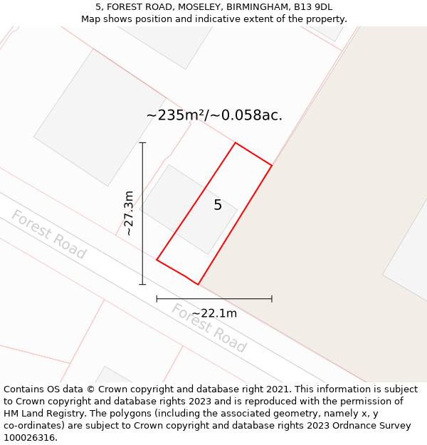 5, FOREST ROAD, MOSELEY, BIRMINGHAM, B13 9DL: Plot and title map