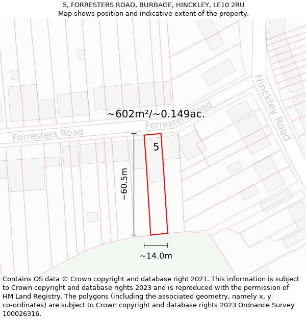 5, FORRESTERS ROAD, BURBAGE, HINCKLEY, LE10 2RU: Plot and title map