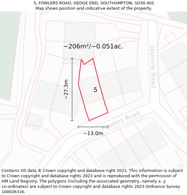 5, FOWLERS ROAD, HEDGE END, SOUTHAMPTON, SO30 4SS: Plot and title map