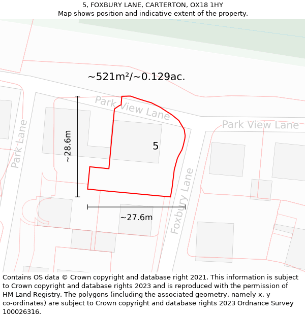 5, FOXBURY LANE, CARTERTON, OX18 1HY: Plot and title map