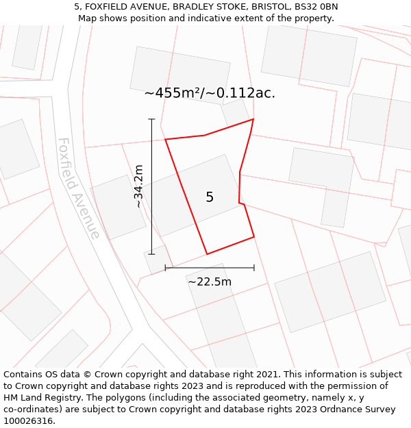 5, FOXFIELD AVENUE, BRADLEY STOKE, BRISTOL, BS32 0BN: Plot and title map