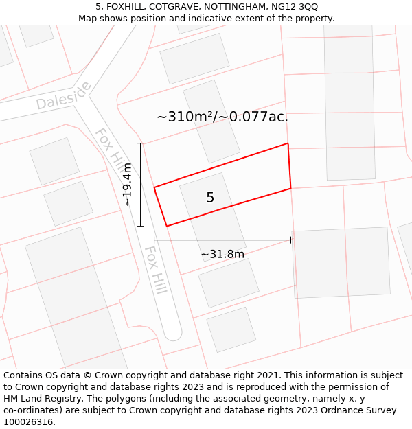 5, FOXHILL, COTGRAVE, NOTTINGHAM, NG12 3QQ: Plot and title map