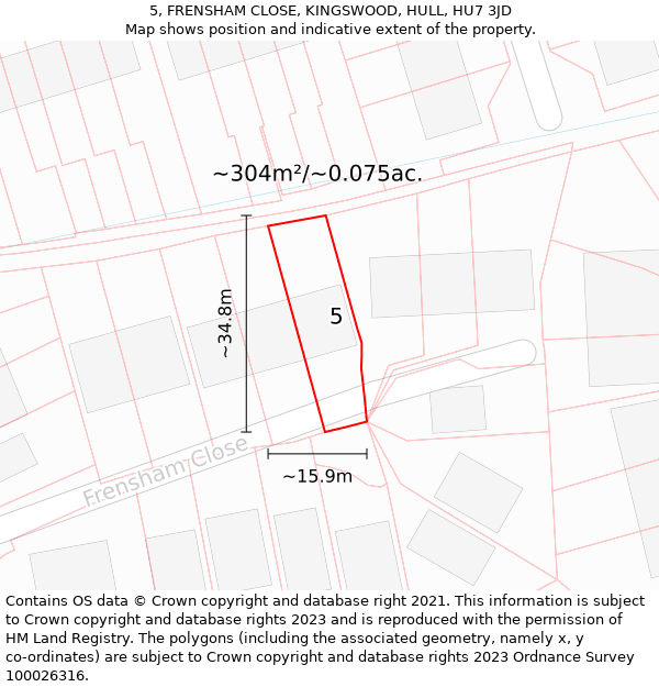 5, FRENSHAM CLOSE, KINGSWOOD, HULL, HU7 3JD: Plot and title map