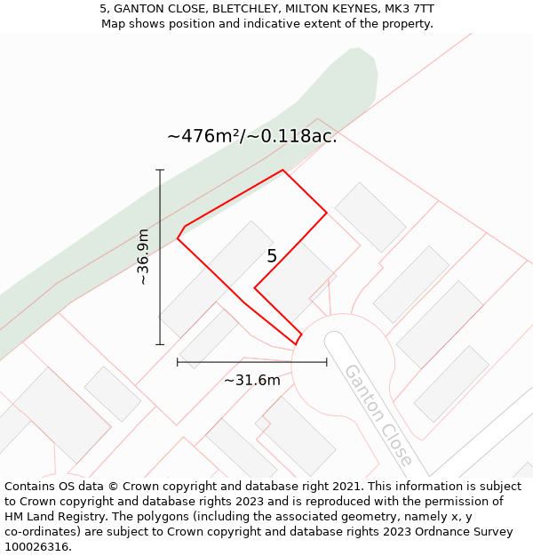 5, GANTON CLOSE, BLETCHLEY, MILTON KEYNES, MK3 7TT: Plot and title map