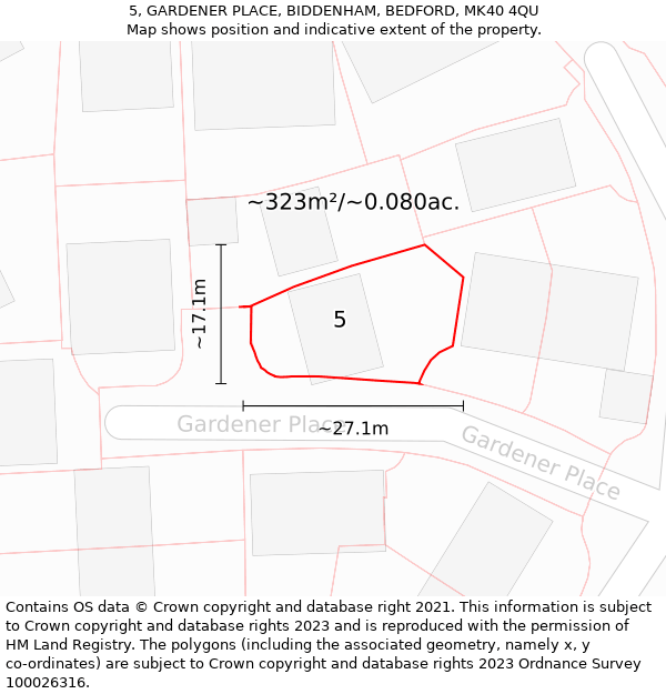 5, GARDENER PLACE, BIDDENHAM, BEDFORD, MK40 4QU: Plot and title map