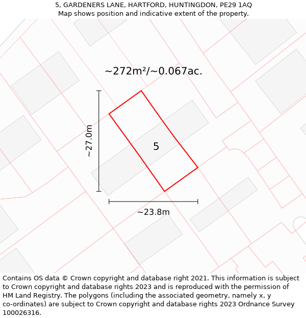 5, GARDENERS LANE, HARTFORD, HUNTINGDON, PE29 1AQ: Plot and title map