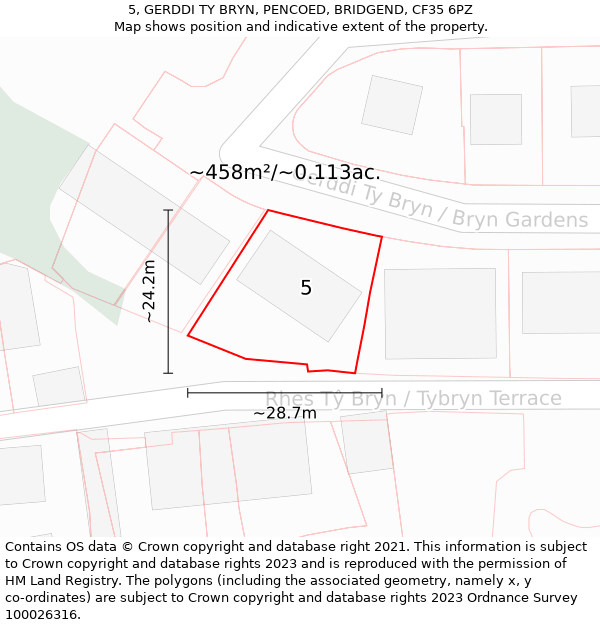 5, GERDDI TY BRYN, PENCOED, BRIDGEND, CF35 6PZ: Plot and title map