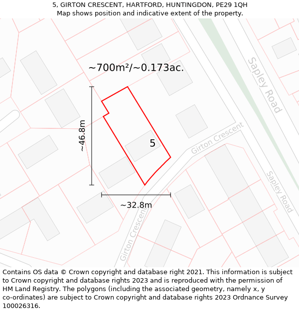 5, GIRTON CRESCENT, HARTFORD, HUNTINGDON, PE29 1QH: Plot and title map