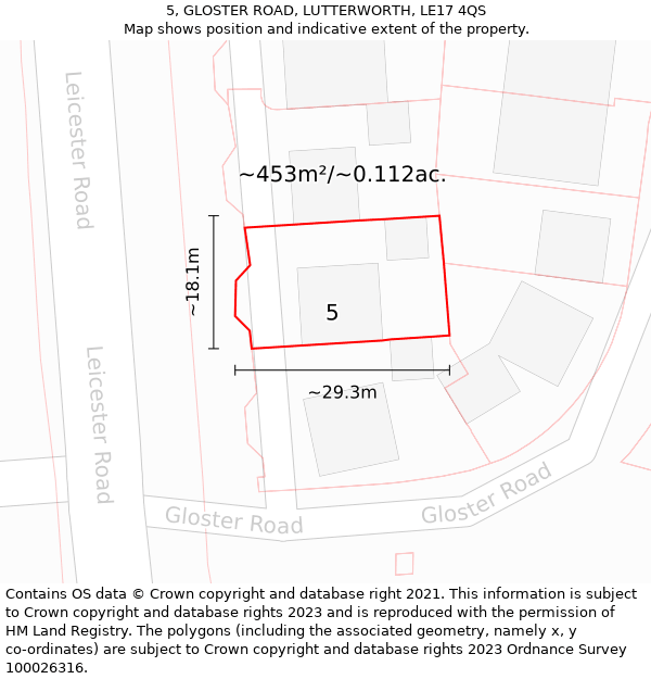 5, GLOSTER ROAD, LUTTERWORTH, LE17 4QS: Plot and title map