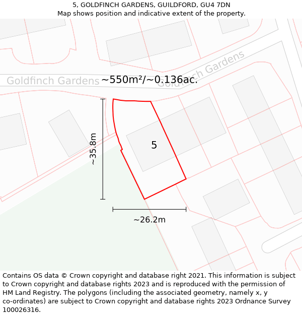 5, GOLDFINCH GARDENS, GUILDFORD, GU4 7DN: Plot and title map