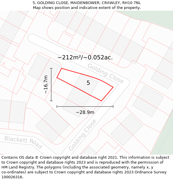 5, GOLDING CLOSE, MAIDENBOWER, CRAWLEY, RH10 7NL: Plot and title map