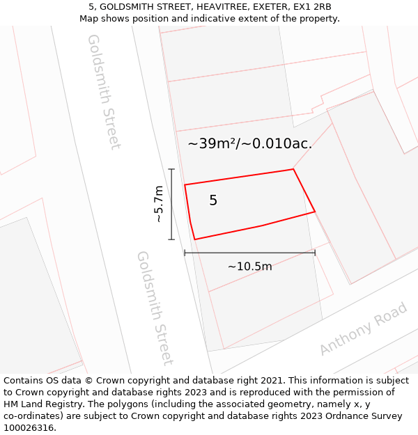 5, GOLDSMITH STREET, HEAVITREE, EXETER, EX1 2RB: Plot and title map