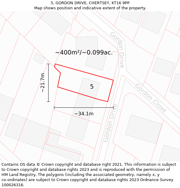 5, GORDON DRIVE, CHERTSEY, KT16 9PP: Plot and title map