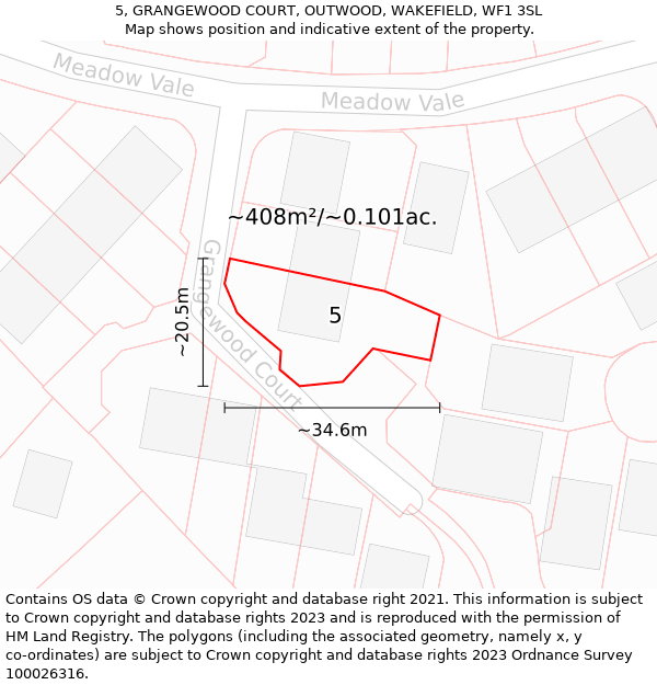 5, GRANGEWOOD COURT, OUTWOOD, WAKEFIELD, WF1 3SL: Plot and title map