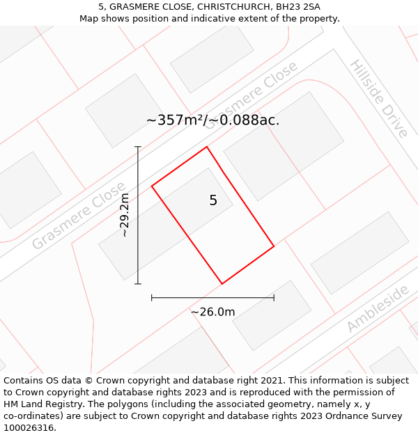 5, GRASMERE CLOSE, CHRISTCHURCH, BH23 2SA: Plot and title map