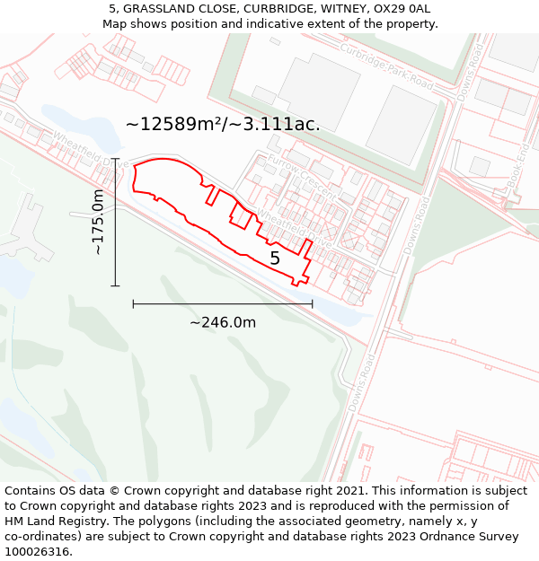 5, GRASSLAND CLOSE, CURBRIDGE, WITNEY, OX29 0AL: Plot and title map
